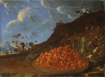 Panier de fraises des bois dans un paysage, vers 1770